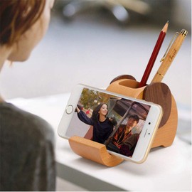 Elephant Wooden Pen Cup Pencil Holder for Desk with Cell Phone Stand Multi-Functional Stationery Organizer, Gift for Valentine's Day, Birthday