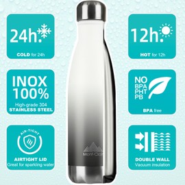Mont-Clair H2O Stainless Steel Water Bottle, Vacuum Insulated + BPA Free, 12h Hot & 24h Cold Drinks Bottle, Metal Water Bottle 1L Leakproof, Ideal for Adult, Kids, Running - Gradient - White & Grey