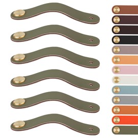 LEREATI 6pcs Leather Drawer Handles Fit to Cupboard Single Hole, Leather Pulls Cabinet Handles, Drawer Knobs for Kitchen, Bathroom, Dresser, Wardrobe (0mm Hole Center, Golden + Green)