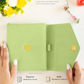 NEORAH — A6 Notebook SLEEVE with Envelope Flap Closure + Dotgrid JOURNAL | Faux Leather Sleeve + Penloop | Bookmarks | Front & Back pocket | 4 Card Slots - LIGHT GREEN