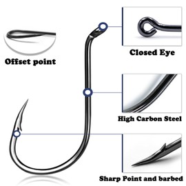 FishTrip - Anzuelos de pulpo para pesca de agua salada, 100 ganchos de pico compensado, ojo cerrado, bardado, negro para aparejos de pesca, lubina, bagre 2/0