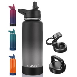 CIVAGO 40 oz Insulated Water Bottle With Straw, Stainless Steel Sports Water Flask Cup with 3 Lids (Straw, Portable Spout and Handle Lid), Double Walled Travel Thermal Canteen Mug, Classic Omber Gray