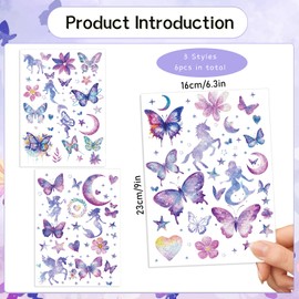 Gameza Glitter Temporary Tattoo for Girls - 6 Sheets Butterfly Moon Flower Mermaid Tattoos Temporary Cute Fake Tattoos Stickers Gifts Birthday Party Favors Decorations Supplies Classroom Prizes