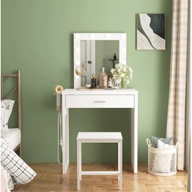 Titoni Makeup Vanity Desk with Mirror and Lights, Small Vanity Table and Chair Set,White Makeup Table with 10 LED Lights,Dressing Table for Bedroom,27.6in(L)