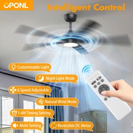 OPONL Ceiling Fan with Light, Ceiling fan with Light and Remote Control, Reversible, 6CCT, Dimmable, Noiseless, Ceiling Fan for Bedroom, Indoor/Outdoor Use, Black, 52 inch, Modern
