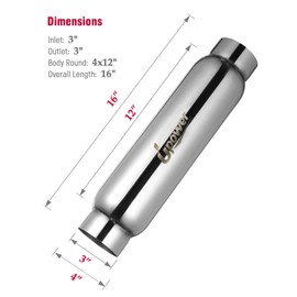 UPOWER 3" Inlet&Outlet Exhaust Resonator,16" Overall Length Center Straight Through Stainless Steel Muffler,Polished