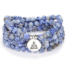 Zen Buddha Necklace Mala Prayer Stone Beads 108 Bracelet with Yoga Lucky Charm for Meditation (Blue Spot Jasper Agate)