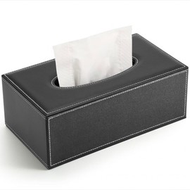 DRDGL Rectangular PU Leather Tissue Box Cover Holder, Minimalistic, Elegant Black Facial Tissue Holder Case Dispenser for Home/Office/Car Decoration
