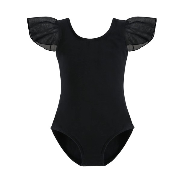 Stelle Girls Ruffle Short Sleeve Leotard for Dance, Gymnastics and Ballet (Black, 5T)