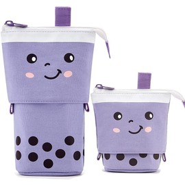 Cute Pencil Case, OLIYuMi Telescopic Pencil Pouch Stand Up Pencil Case Pencil Storage Box Stationery Organizer Makeup Bag with Zipper Closure for Student Office College Boys and Girls (Taro Milk Tea)