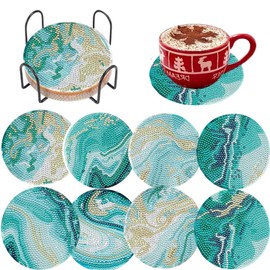 LxcshLjx 8Pcs Diamond Painting Coasters with Holder, Diamond Art Coasters for Beginners, DIY Teal Marble Ocean Coasters Set for Drinks Painting, Art Kits Craft Supplies for Adults