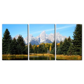 Pacimo 3 Pieces Canvas Art Wall Decor Grand Teton National Park Pictures Natural Landscape Painting Pond Prints on Canvas Modern Artwork Stretched and Framed Ready to Hang - 20"x28"x3 Panels