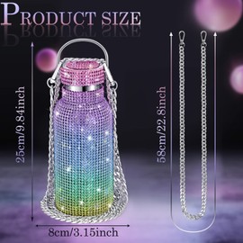 Diamond Insulated Water Bottle Bling Rhinestone Stainless Steel Refillable Glitter Thermal Bottle with Chain for Women Girls Gifts (Rainbow, 500 ml)