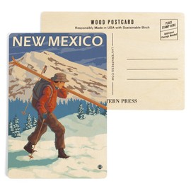 New Mexico, Skier Carrying Skis (4x6 Birch Wood Postcards, 2-Pack Stationary, Rustic Home Wall Decor)