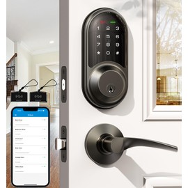 Veise RZ06B Smart Locks for Front Door, 2 Lever Handle Set, Keyless Entry Deadbolt, App Control, Electronic Digital Touchscreen Keypad, Auto Lock, IP54 Waterproof, Easy Installation, Matte Black