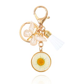 MAIGO Daisy Keyring - Pressed Flowers, Keyrings for Women Daisy, Daisy Flower Charms, Pressed Daisy Flowers, Keychain Accessories for Women, April Birth Flower, Real Flower Keychain