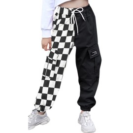 SANGTREE Women's Cargo Pants Elastic Waist Drawstring Tapered Jogger Pants with Pockets for Women,Colorblock-Black White Checked,M