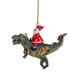 Santa Claus Riding a T Rex Dinosauer Wrapped in Lights Christmas Ornament for Kids