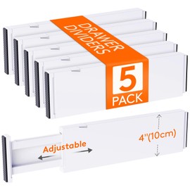 Lifewit 5 Pack 4" High Drawer Dividers 34-56cm/13.5-22" Adjustable Drawer Organizer for Clothes/Utensils, Expandable Drawer Separator in Dresser/Kitchen/Bedroom/Office Organization & Storage White