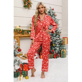 Ekouaer Satin Pajamas for Women Set 2 Piece Long Sleeve Button Up Sleepwear Silky PJ Pants Sets Soft Comfy Loungewear Christmas-Red L
