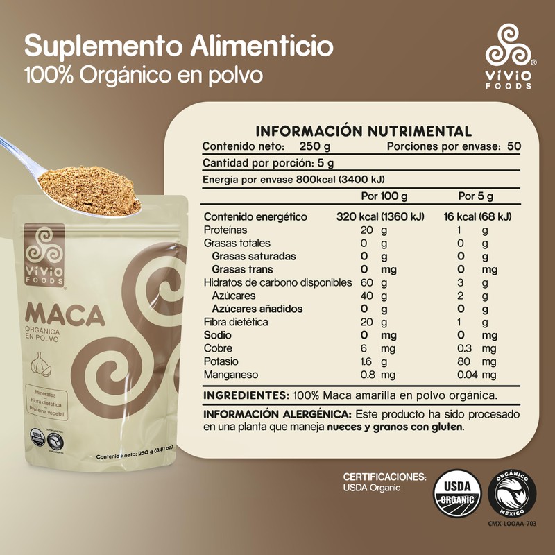 VIVIO FOODS Maca Orgánica En Polvo - 250 g