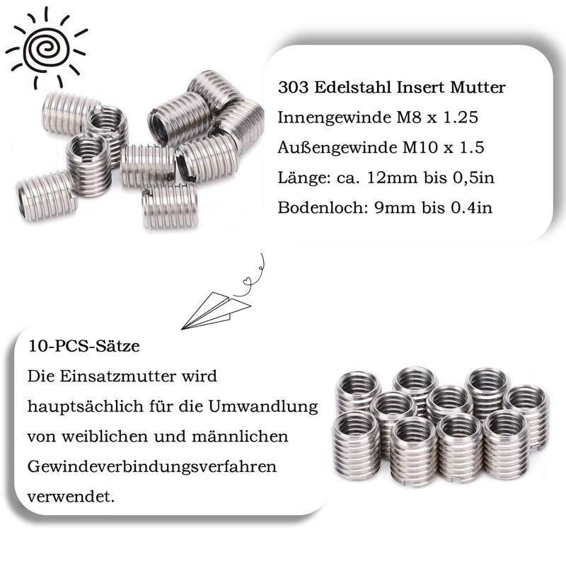 10 Pieces Threaded Insert Reducing Nut M8 to M10 Stainless