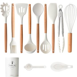 Juego de Utensilios de Cocina de Silicona: Utensilios de Cocina Con Mango de Madera Nlanca con Espátula/Cuchara/Batidor para Utensilios de Cocina Antiadherentes
