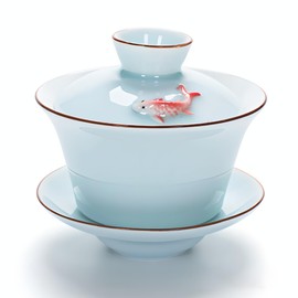 Hormsdar Yixing Handmade Celadon Colorful Koi Fish Gaiwan,Chinese Gongfu Tea Cup,Japanese Teacup, Tea Bowl with Lid and Saucer(Gaiwan)