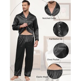 Reliwel Mens Silk Pyjamas Long Sleeve Button Down Sleepwear Two Pieces Pyjamas for Men Notch Collar Warm Loungewear Winter Men's Nightwear Pjs Mens S-XXL Black