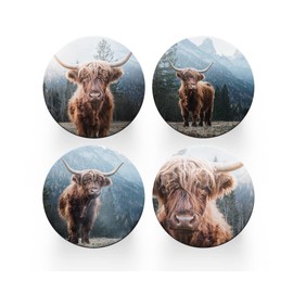 4 x Round Highland Cow Coasters - Animals Scottish Set Theme Women House Warming Circle Drinks Kitchen Table Decoration Décor Gift Home #77889