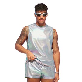 WDIRARA - Conjunto de 2 piezas para hombre holográfico, sin mangas, playera sin mangas y pantalones cortos con cordón, plateado, X-Large