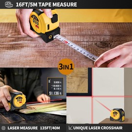 2025 New The Almighty Ruler, Almighty Tools Tape Measure, 3-in-1 Laser Tape Measure, Laser Crosshairs, Biaxial Electronic Angle, Measuring Area, Volume, Pythagorean, Cosine (Yellow)