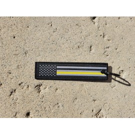 American Black USA Emergency Dispatchers Safety Telecommunication Support Honoring Embossed Flag Aluminum 4 Hole Novelty License Plate, 3D Stars Stripes Textile US Flag Keychain (Yellow LINE)