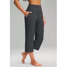 Women's Wide Leg Capri Pants with Pockets Tummy Control High Waist Yoga Dress Crop Pants for Women(Dark Grey,L)