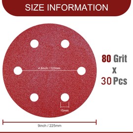 9 Inch Sanding Disc 80 Grit Hook and Loop Sandpaper for 6 Holes Drywall Sander Remove Popcorn Ceiling Sheetrock (30 PCS)