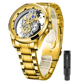 Tiong Gold Clear Cover Skeleton Quartz Watches for Men ，Men'sStainless Steel Waterproof Watches， Men's Clear Cover Business Quartz Watches - Gold