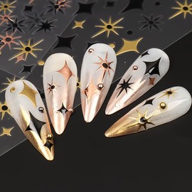 300 pcs/ 5Package Nail Stickers Various Stars 3D Waterproof self Adhesive Nail Stickers with Backing Stamping Gold Silver and Black Star AWN Stickers (Black+Gold)