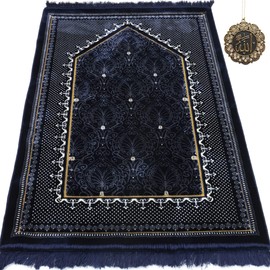 Modefa Turkish Islamic Velvet Prayer Rug - Thick & Wide Soft Praying Carpet - Large Traditional Muslim Salah Mat - Ramadan & Eid Gift - with Car Hanger - Double Plush Topkapi (Blue)