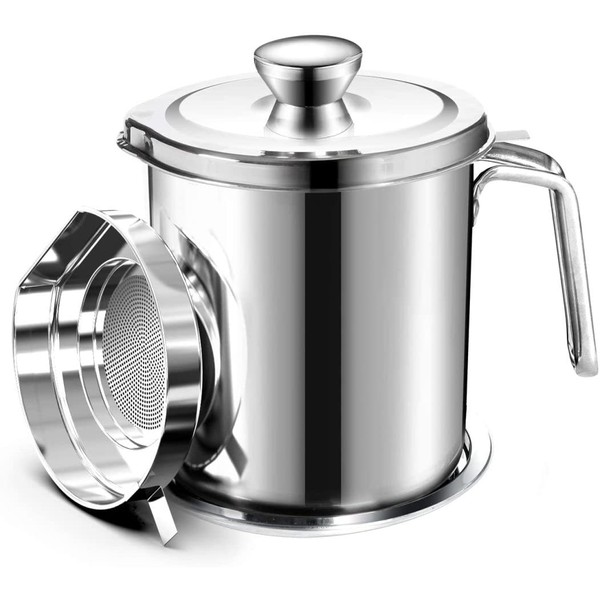 Oil Strainer Pot Grease Can 2 L Stainless Steel Oil Storage Can Container with Fine Mesh Strainer Dust-Proof lid for Storing Frying Oil Colanders Food Strainers