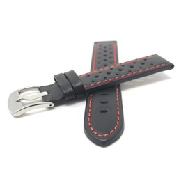 Bandini Mens Leather Rally Strap - Breathable Perforated Racing Watch Band - Replacement Racer Rally Band for Classic and Smart Watch - Black and Red 22mm Watch Band
