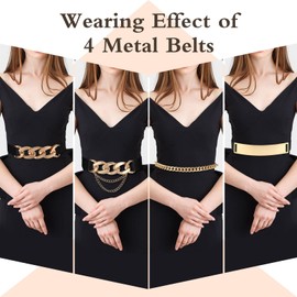 Zhanmai 4 Pieces Belts for Women Metal Gold Stretch Waist Belt Skinny Wide Chain Belt Elastic Belt for Dress (Black, Small)