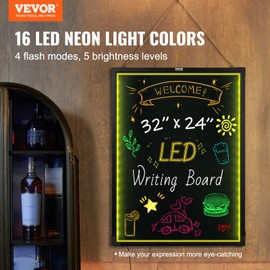 VEVOR 32"x24" LED Message Writing Board, Menu Sign Boards, Illuminated Erasable Lighted Chalkboard, Neon Effect Drawing Panel with 8 Fluorescent Chalk Markers and Remote Control