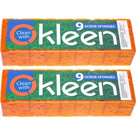 Okleen Orange Multi Use Scrub Sponge. Made in Europe. 18 Pack, 4.3x2.8x1.4 inches. Odorless Heavy Duty and Non Scratch Fiber. Durable and Delicate Scrubber for Oven and Stove, Bathroom and Basement
