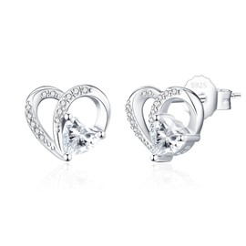 GW Stud Earrings 925 Silver Stud Women's Small Heart Earrings with Heart Shape Zircon Gifts for Women, Sterling Silver Cubic Zirconia, Cubic Zirconia