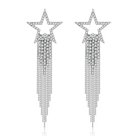 Silver Earrings Rhinestone Crystal Star Fringe Tassel Dangle Earrings Sparkly Concert Outfits Accessories for Women(Silver)