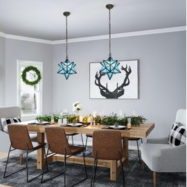 Aeyee Moravian Star Pendant Light Fixture, Stained Glass Hanging Light, Vintage Tiffany Style Chandeliers for Foyer Kitchen Hallway Blue Finish