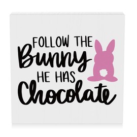 Farmhouse Spring Easter Bunny Wooden Box Sign Desk Decor Easter Decorations Rustic Decorative Wood Block Plaque Rabbit Decor for Home Table Bookcases Kitchen Countertop Wall Shelf Tiered Tray