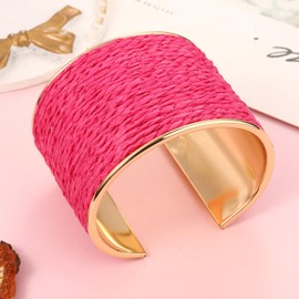 CEALXHENY Raffia Cuff Bracelets for Women Rattan Raffia Bracelet Bangles Bohemia Handwoven Hot Pink Wide Cuff Bracelet Summer Beach Jeweley Accessories Outfits Gifts (E Pink)