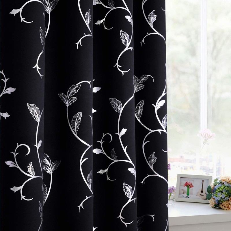 BUHUA Black Blackout Window Curtains Thermal Insulated Silver Vine Print