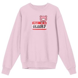 Bioworld Gloomy Bear - Hello My Name Is Gloomy name Card Graphic, Pink Bear with Striped Scarf on Cradle Pink Adult Crew Neck Sweatshirt - XXL